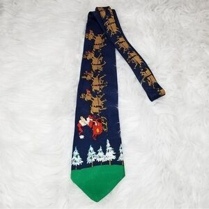 Santa Claus Sleigh Reindeer Novelty Tie Navy Blue